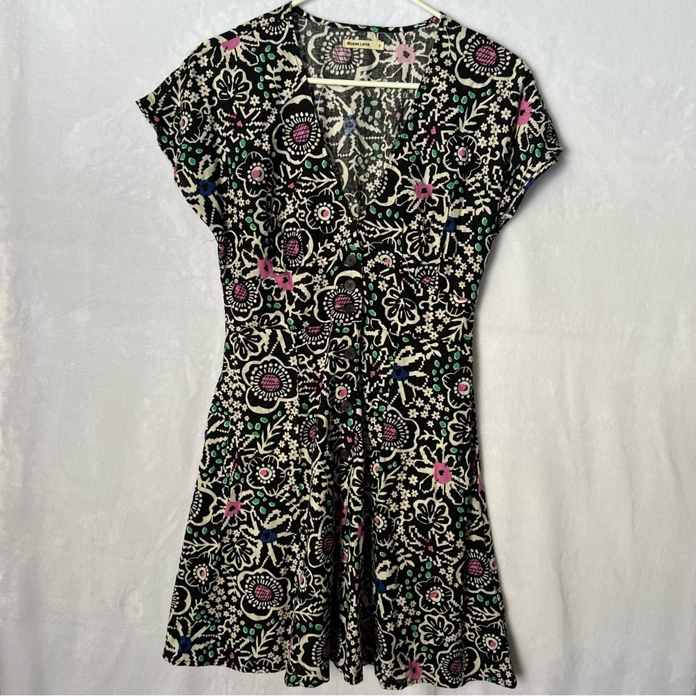 Marine Layer Camila Mini Dress Small black floral hemp casual pockets A-line